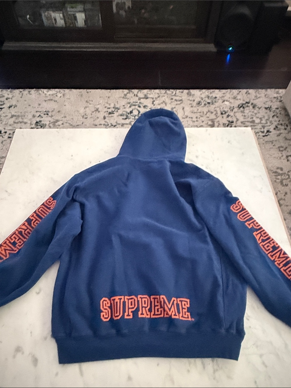 Supreme Navy Hoodie with Orange Sleeve Logos - Picture 7 of 7